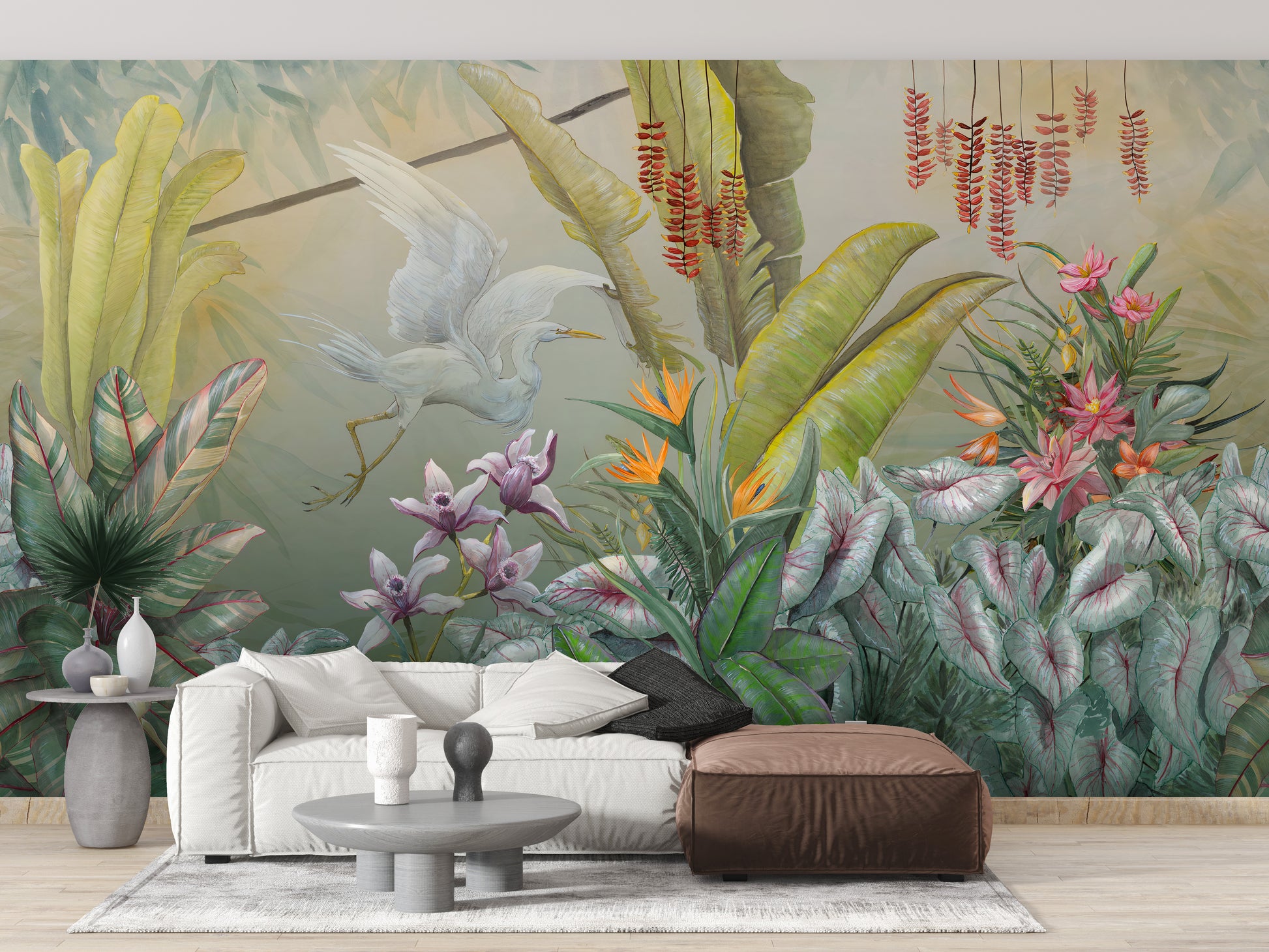 Vibrant green plants and flowers mural design