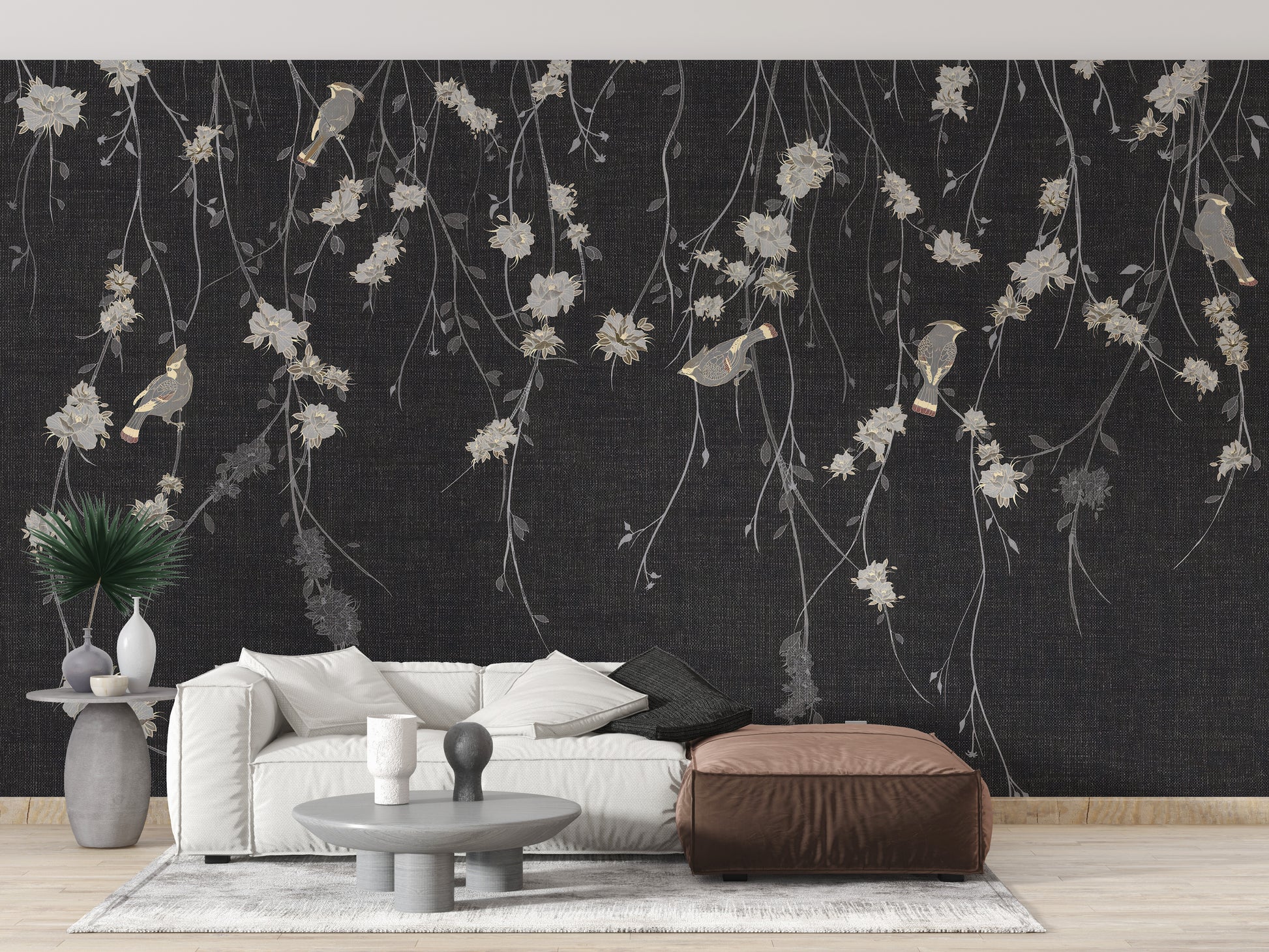 Elegant black flowers and birds wallpaper mural