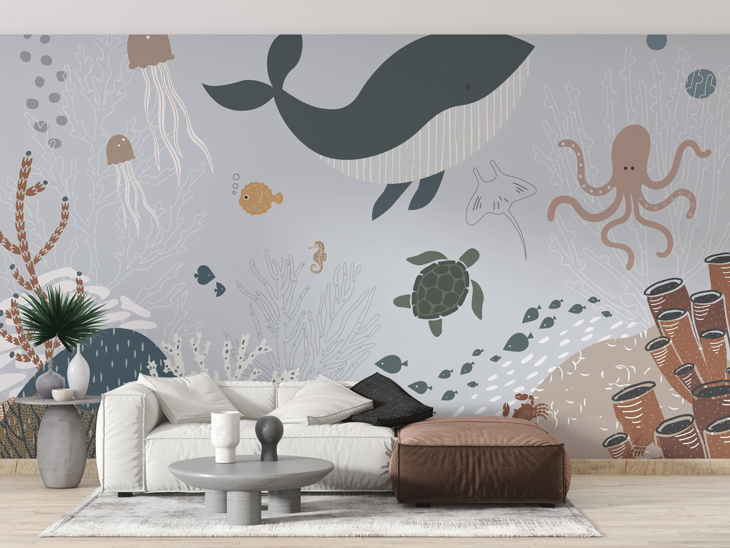 Scenic ocean whales wallpaper mural art
