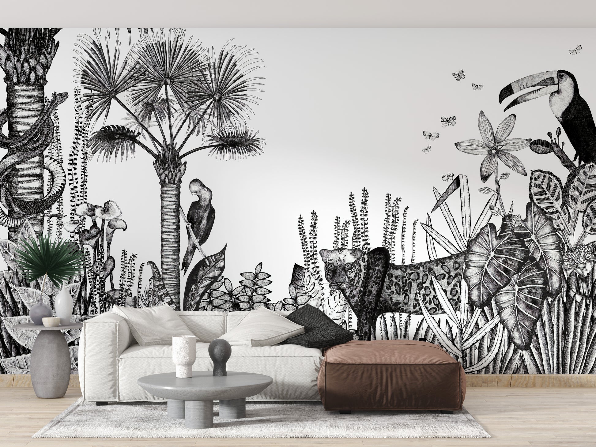 Artistic pencil-drawn tropical wall mural
