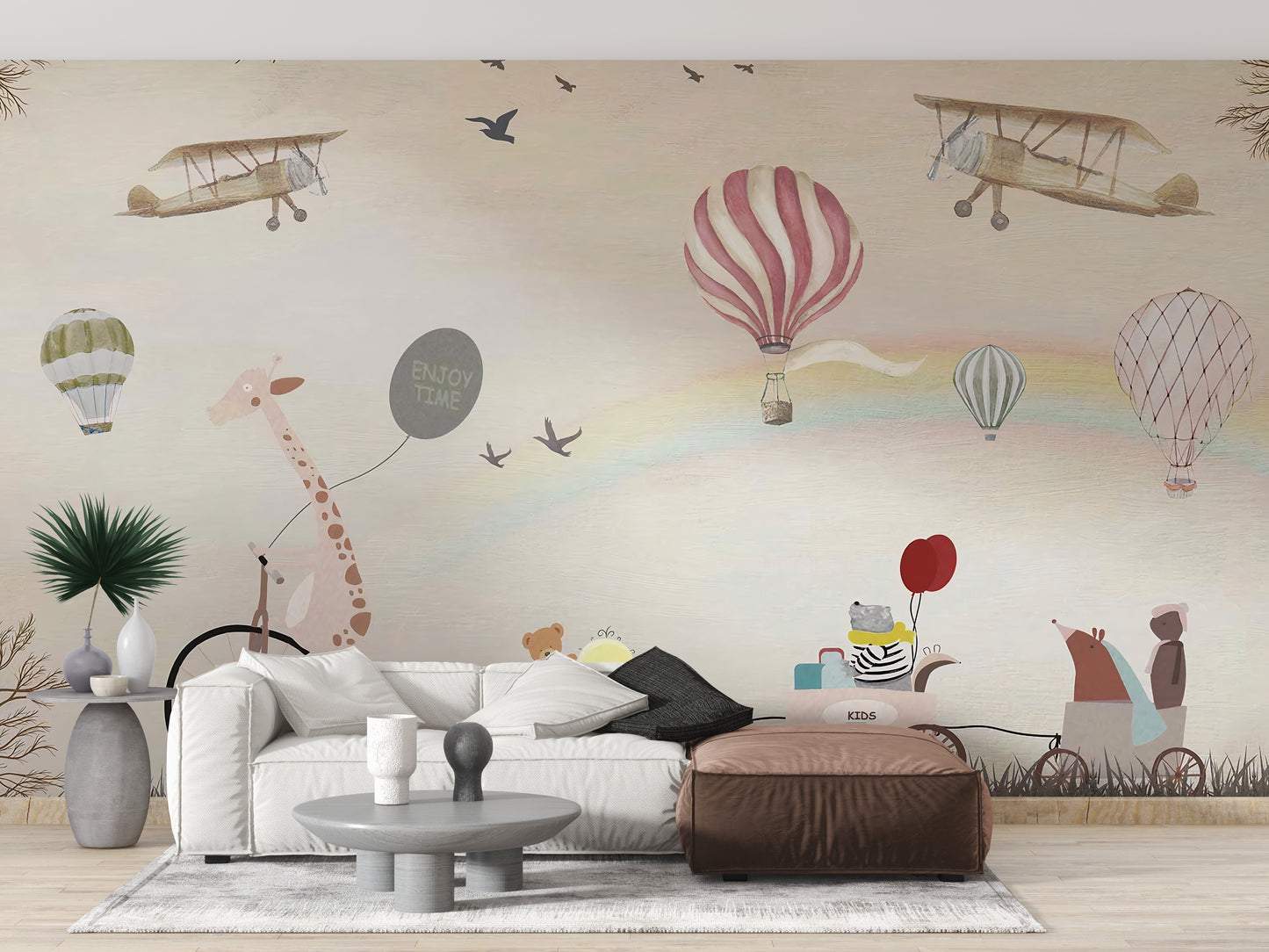 Beige Color Jovial Animals Wallpaper Mural