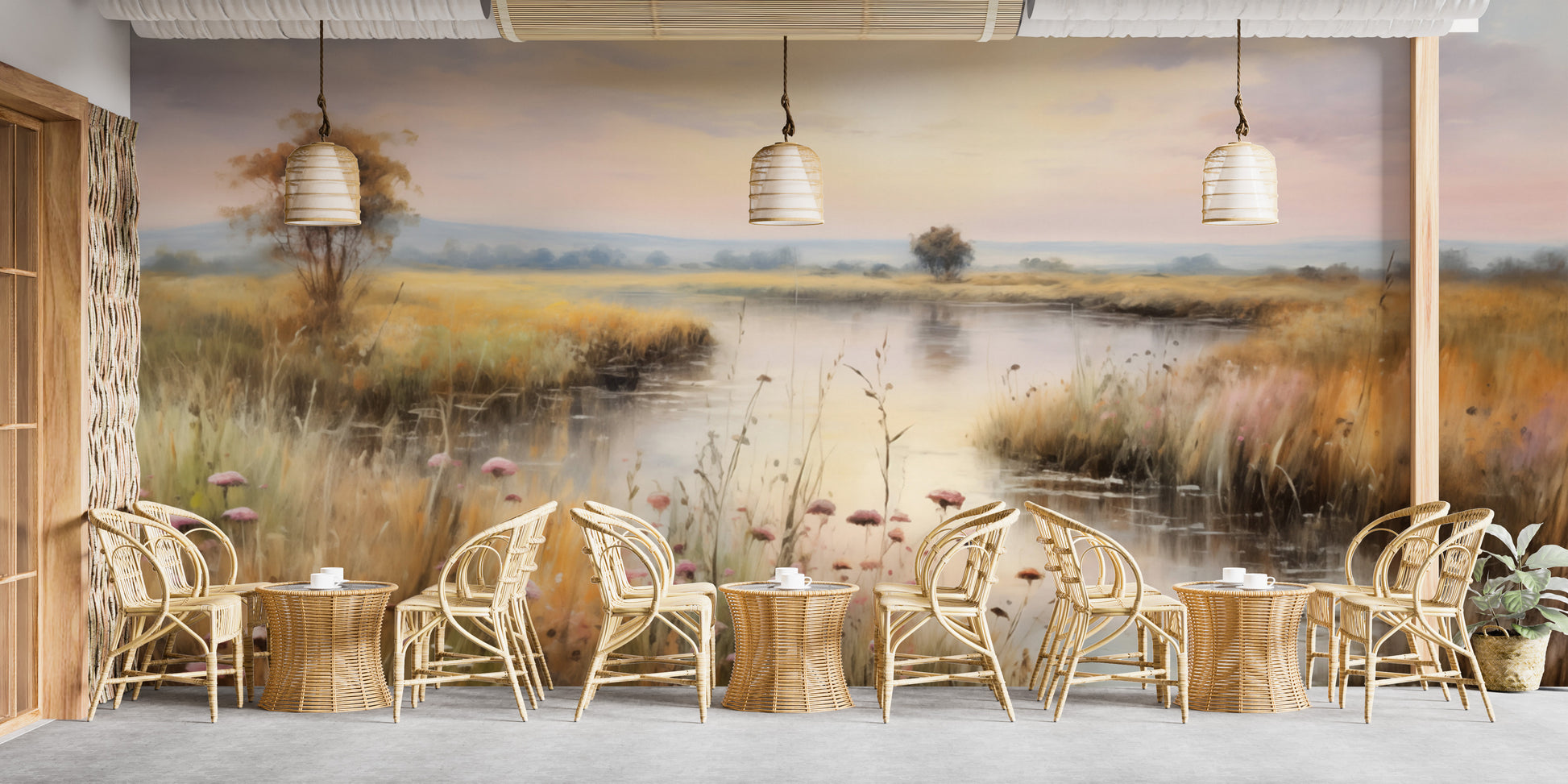 Soft watercolor wetlands landscape lake wallpaper for a tranquil ambiance.
