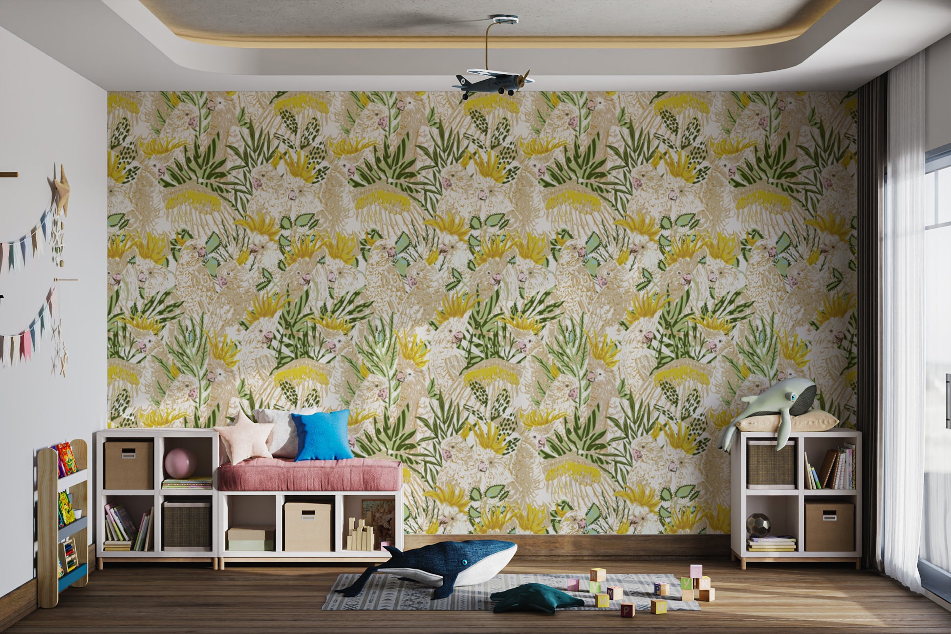 Exotic Aviary Cockatoo wallpaper for tropical-inspired interiors.
