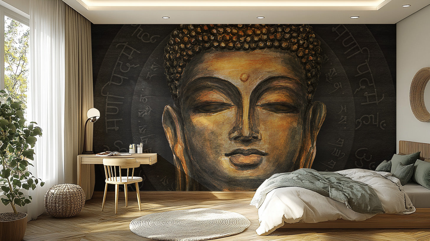 Spiritual Buddha mural with script art
