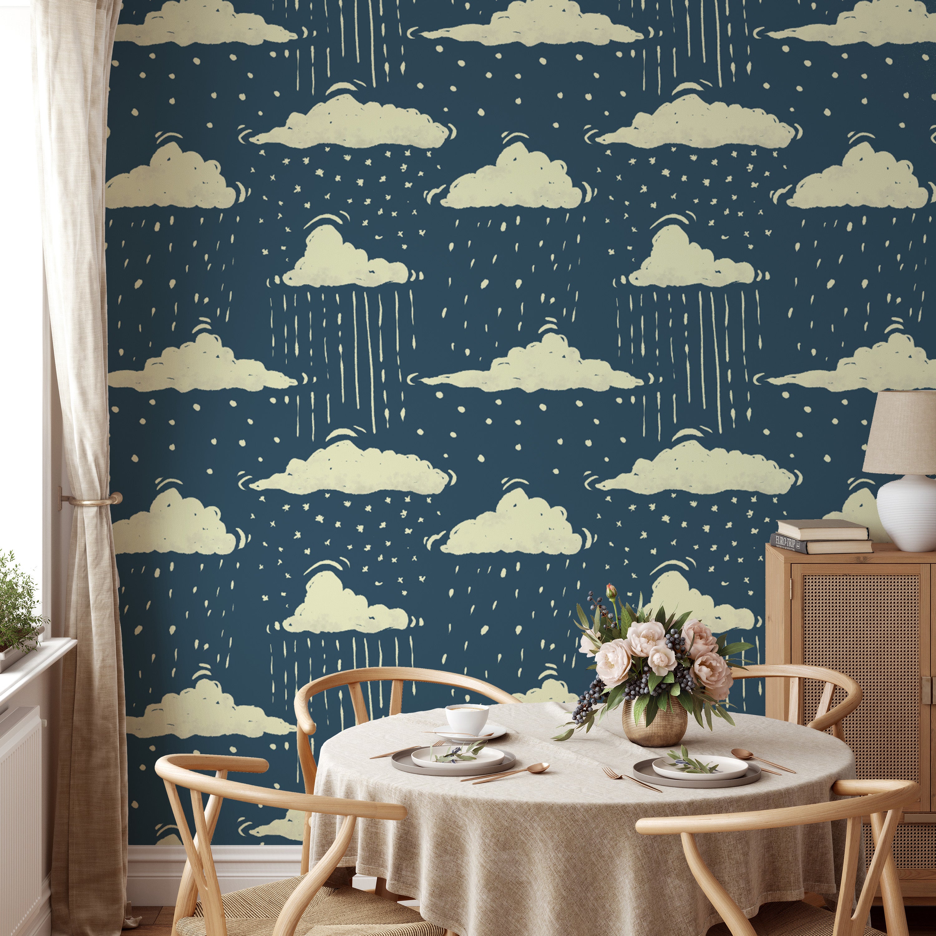 Artistic blue sky above rainy clouds wallpaper for unique wall design.
