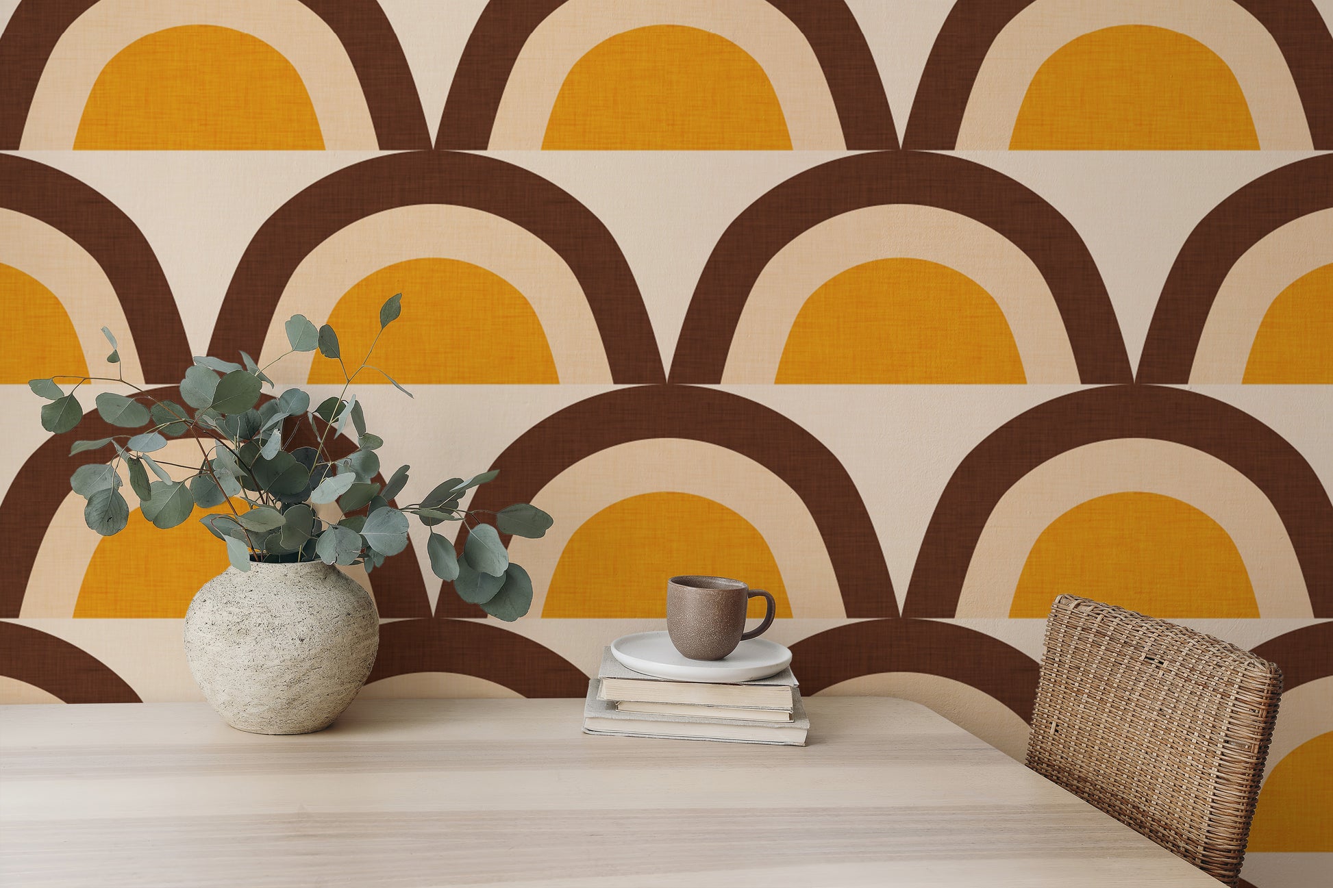 Mid-century mural design in beige and yellow
