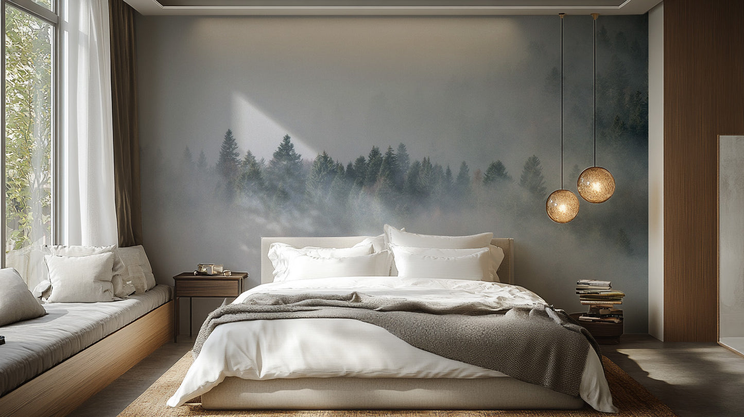 Dark foggy pine forest wallpaper mural for walls
