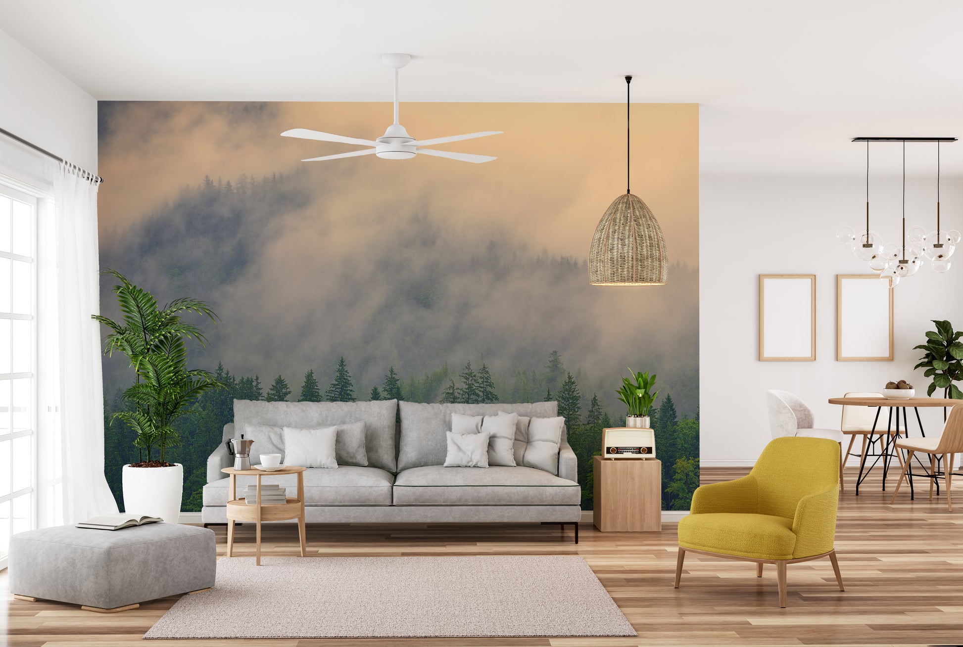 Serene foggy pine tree mural for tranquil interior decor.
