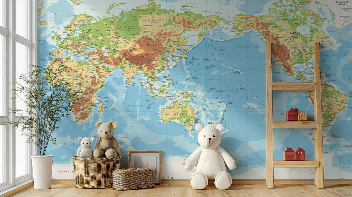 Pacific View Detailed World Map Wallpaper Murals