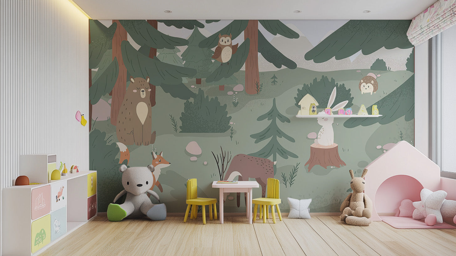 Magical forest fables wallpaper for a unique and cozy kids' space.