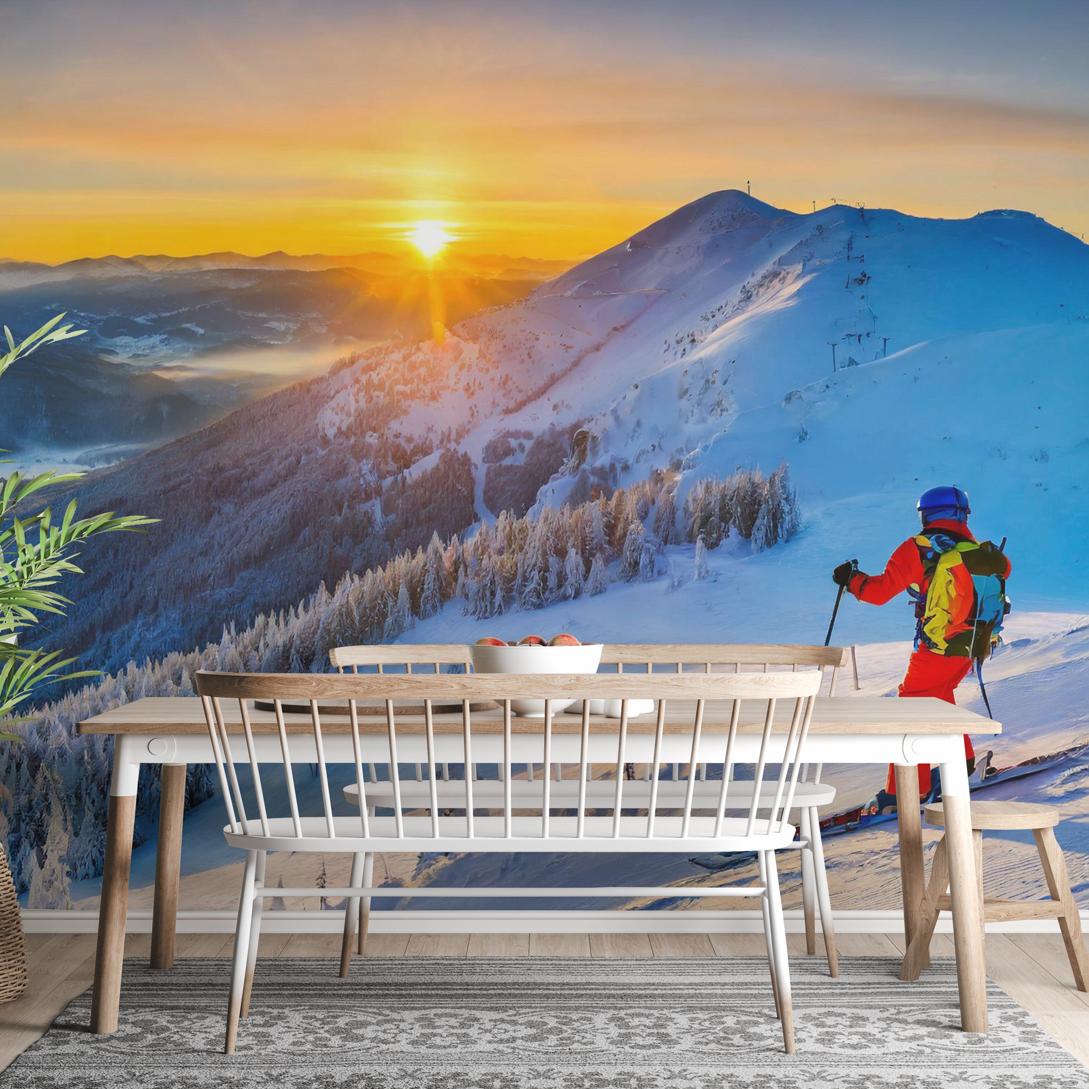 Vibrant skiing-themed wallpaper mural for stylish living rooms.