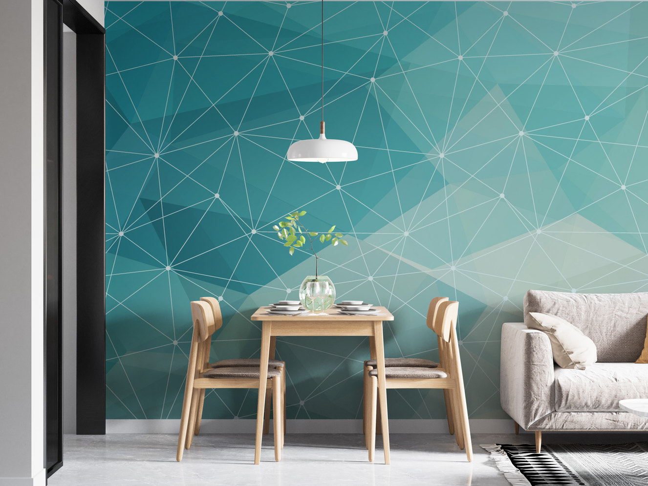 White and blue geometric line mural design.