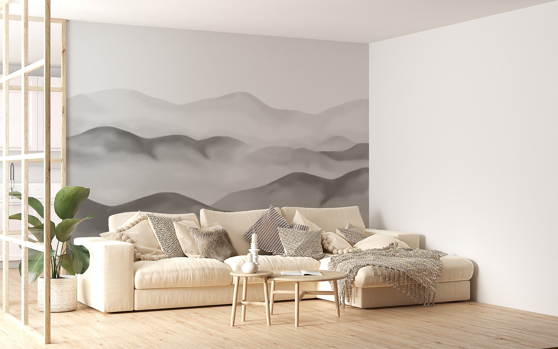 Scenic grey mountain mural with watercolor effect