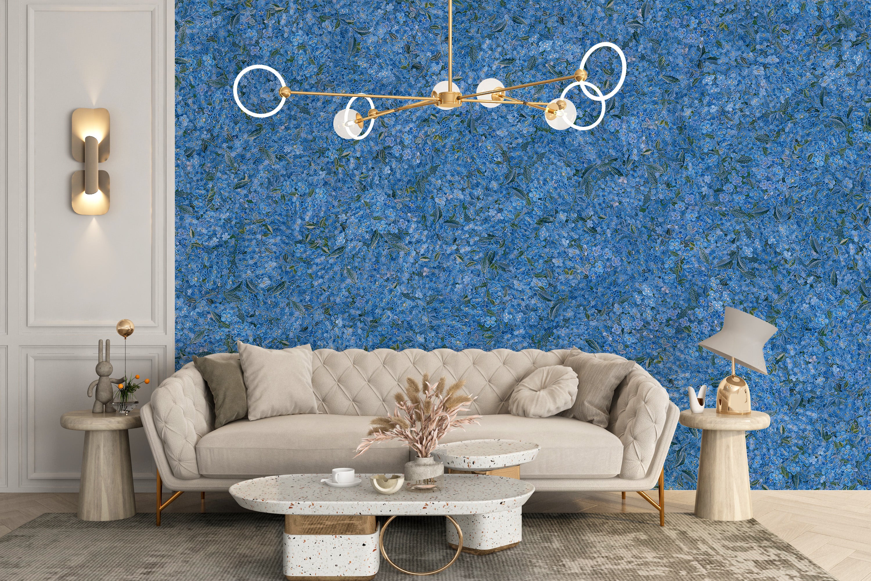 Intricate floral embroidery blue wallpaper
