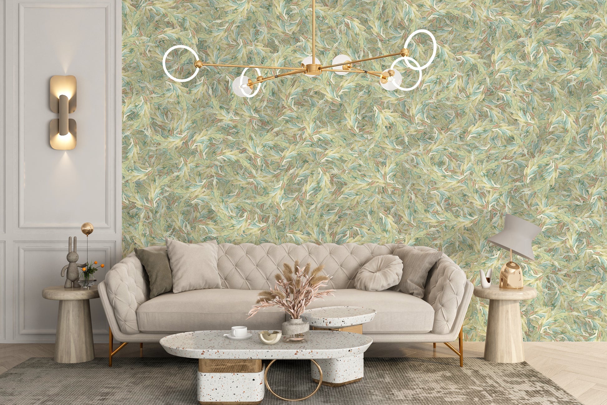 Dancing green leaves in mural-style wallpaper
