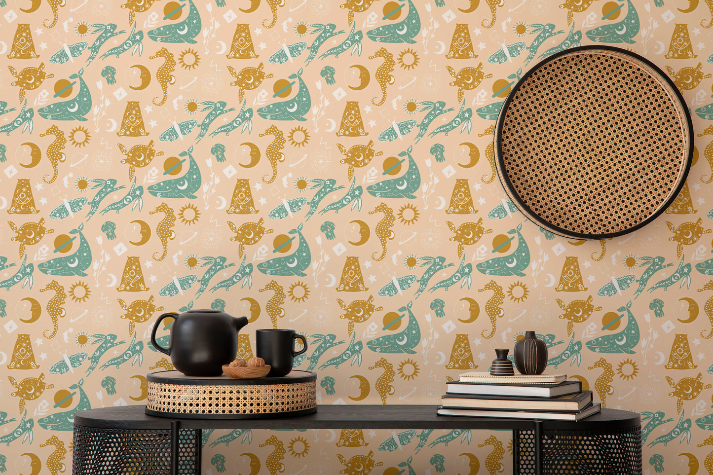 Animals and flowers pink-yellow wallpaper mural
