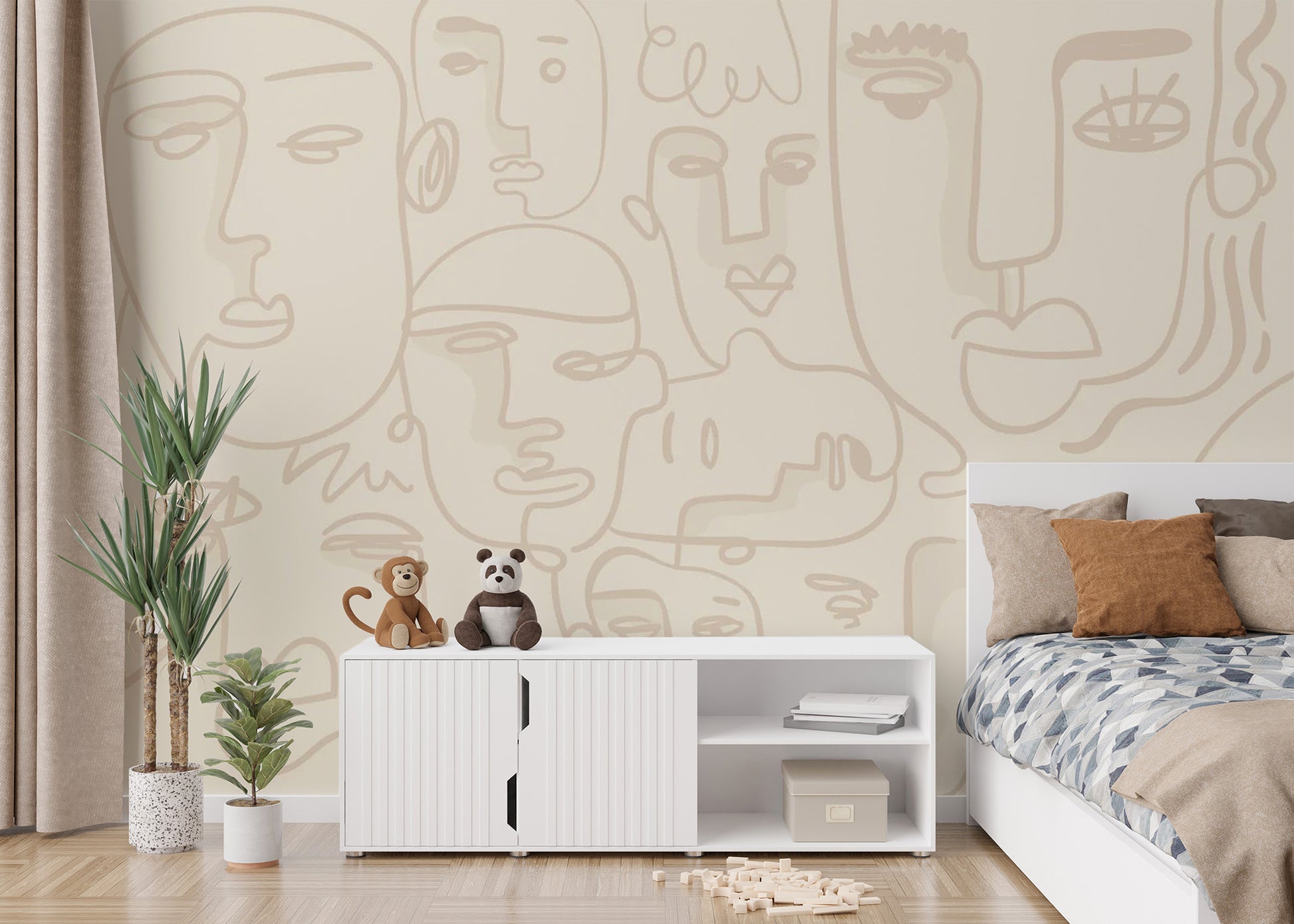 Contemporary face line art wallpaper in a mural style.