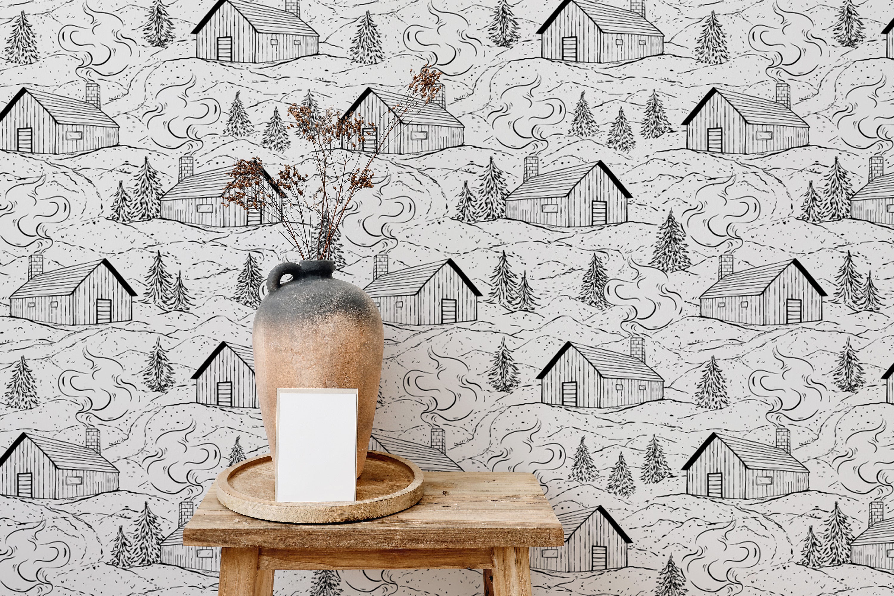 Bold black and white smokey cabin wallpaper for dramatic interiors.
