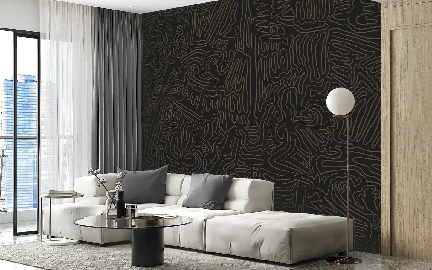 Modern Art Deco mural makes a striking living room statement