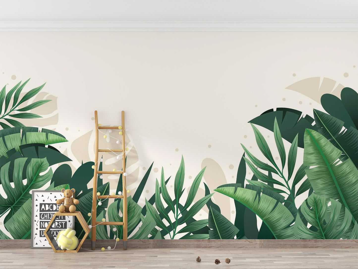 Green Beige Tropical Leaves Wallpaper Mural