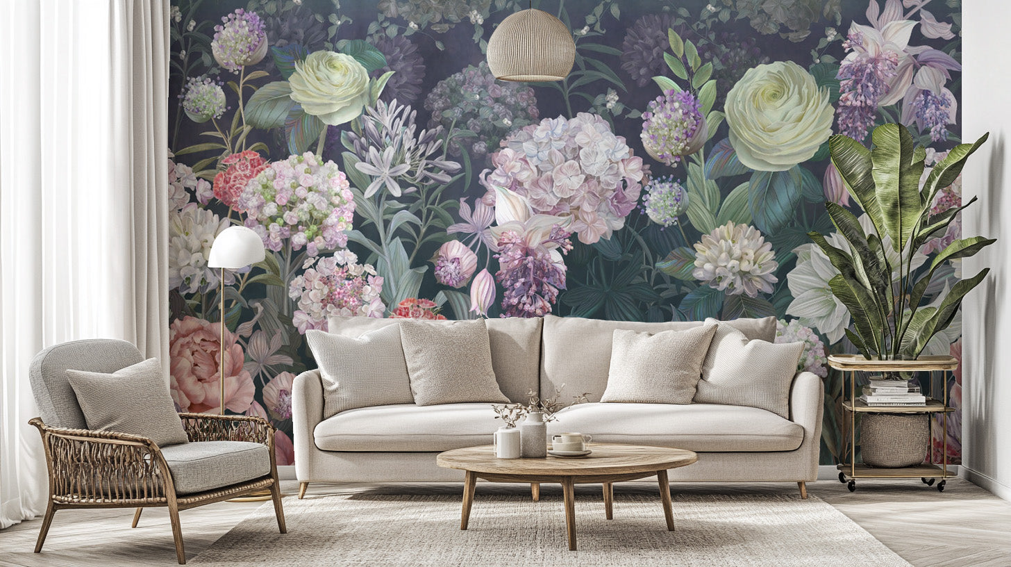 Sophisticated floral wall mural with Dutch rose details