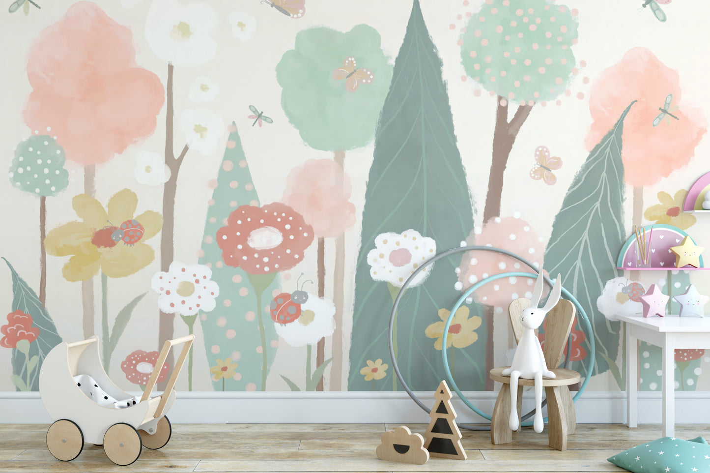 Serene watercolor floral trees mural for tranquil interiors.
