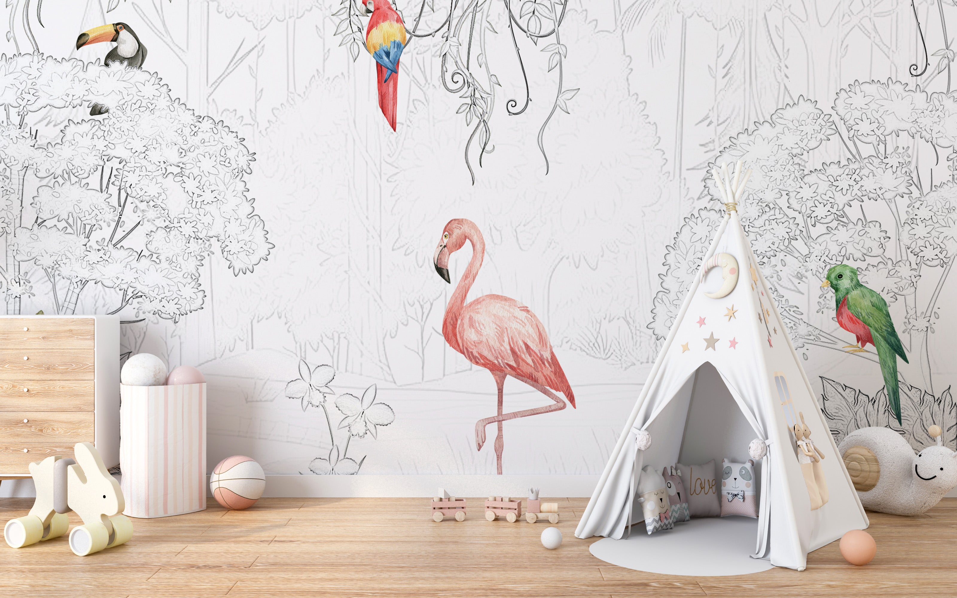 Exquisite tropical aviary wallpaper with delicate sketches