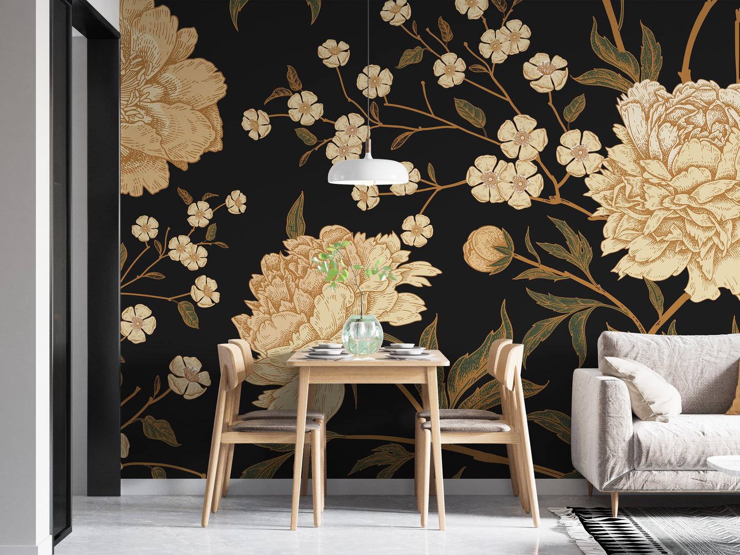 Moody floral wallpaper with lush peonies