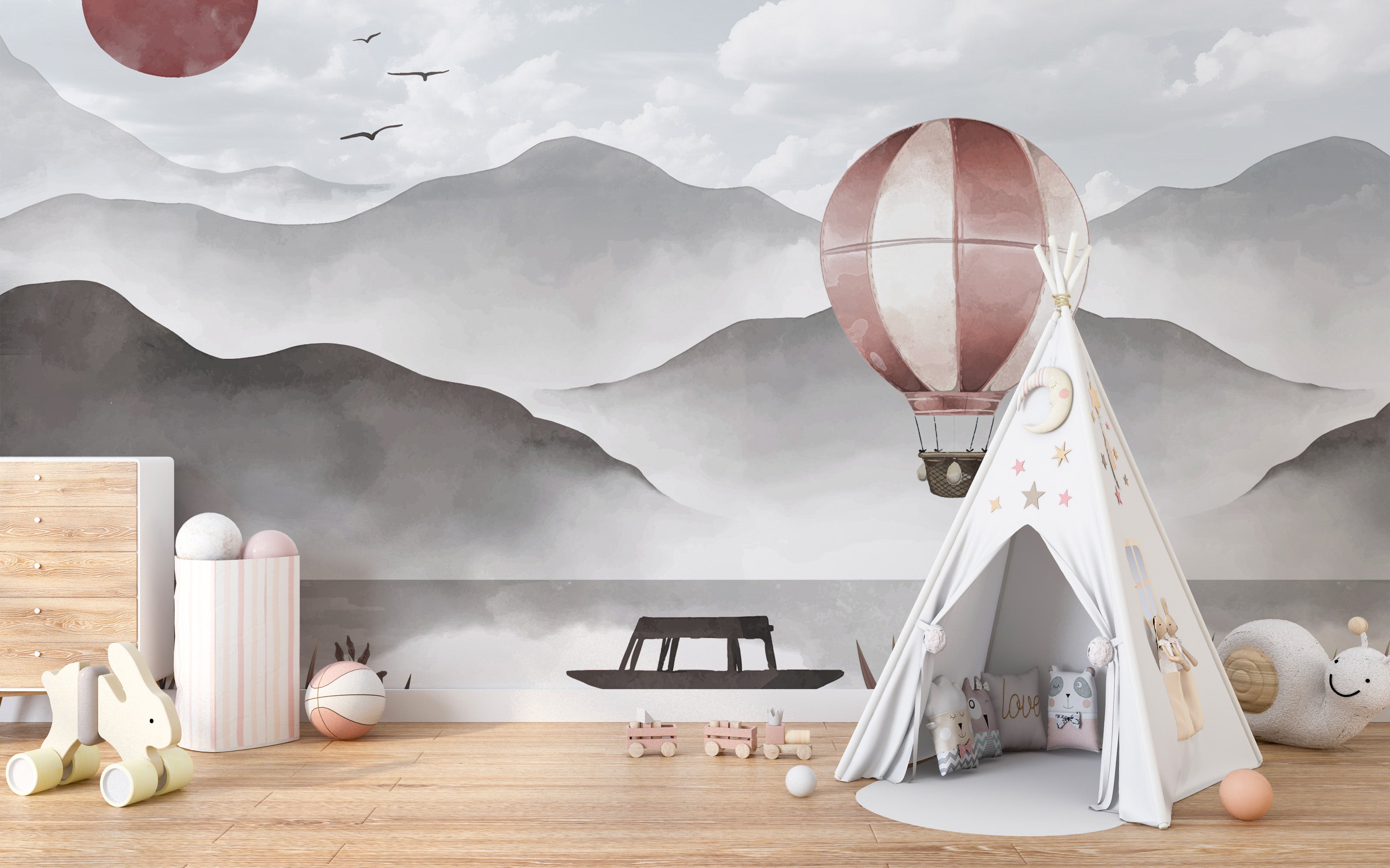 Hot air balloon over misty mountain peaks wallpaper design