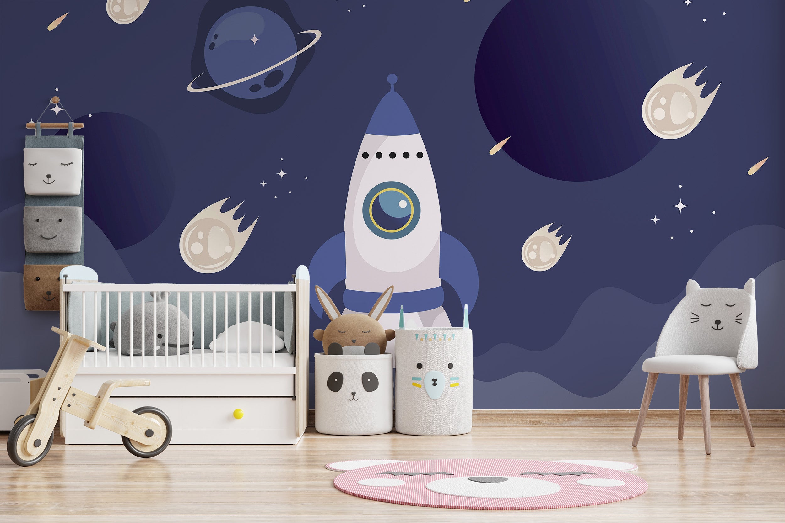 Kids Spaceship Wallpaper creates a galactic nursery vibe