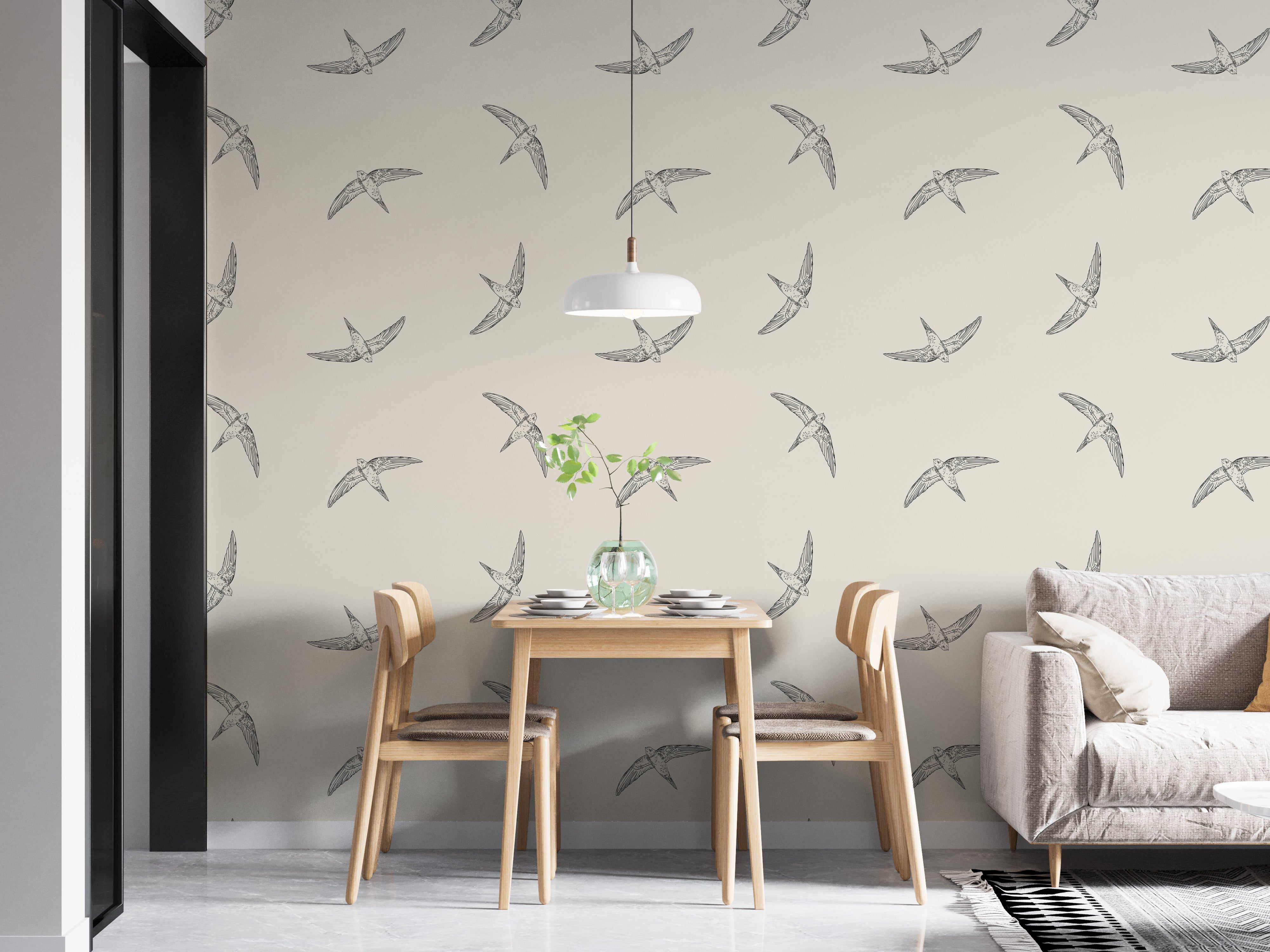 Graceful flying swallows on beige mural