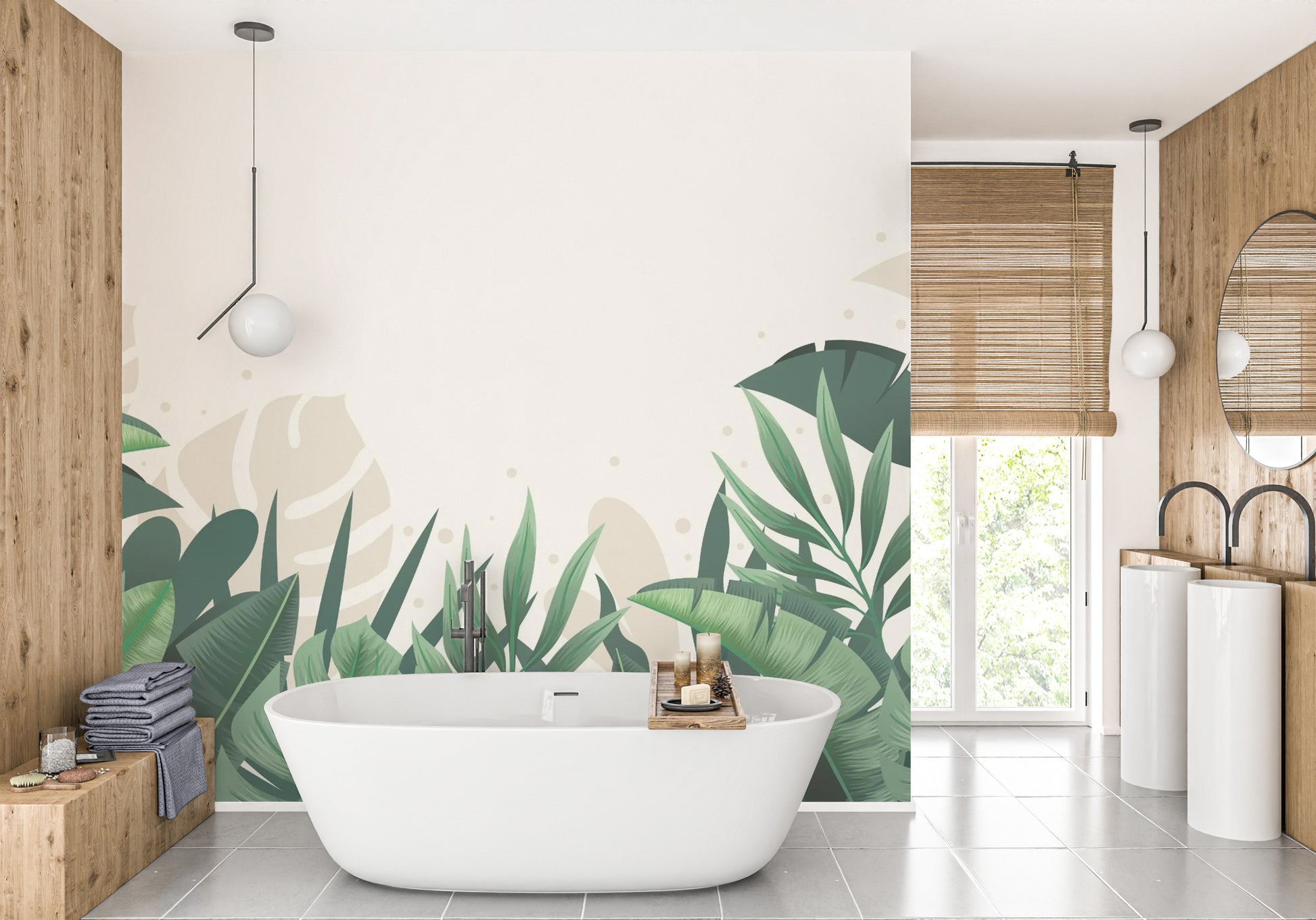 Vibrant Tropical Leaves in Green and Beige Wallpaper
