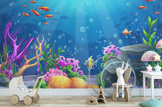 Vibrant underwater coral reef mural design
