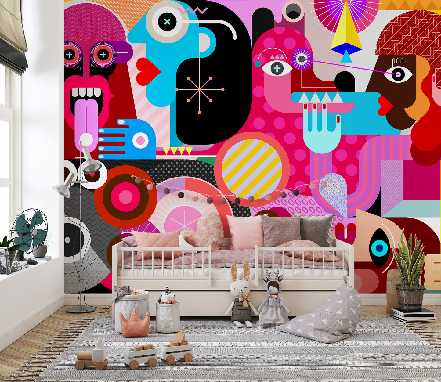 Pop art-inspired wallpaper in bright hues