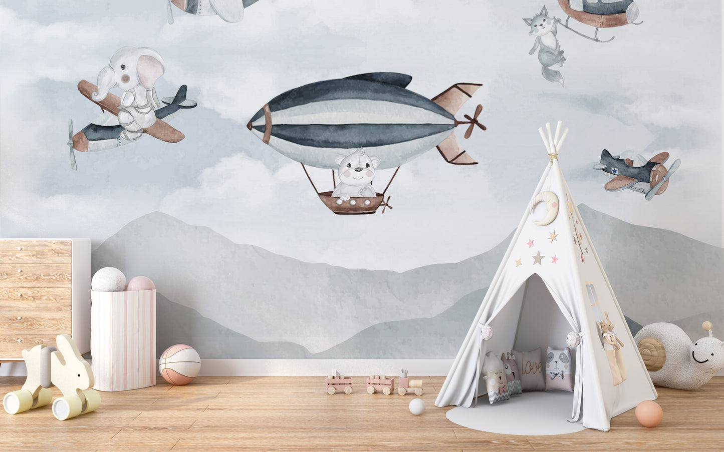 Whimsical Airborne Adventure Mural wall decor wallpaper