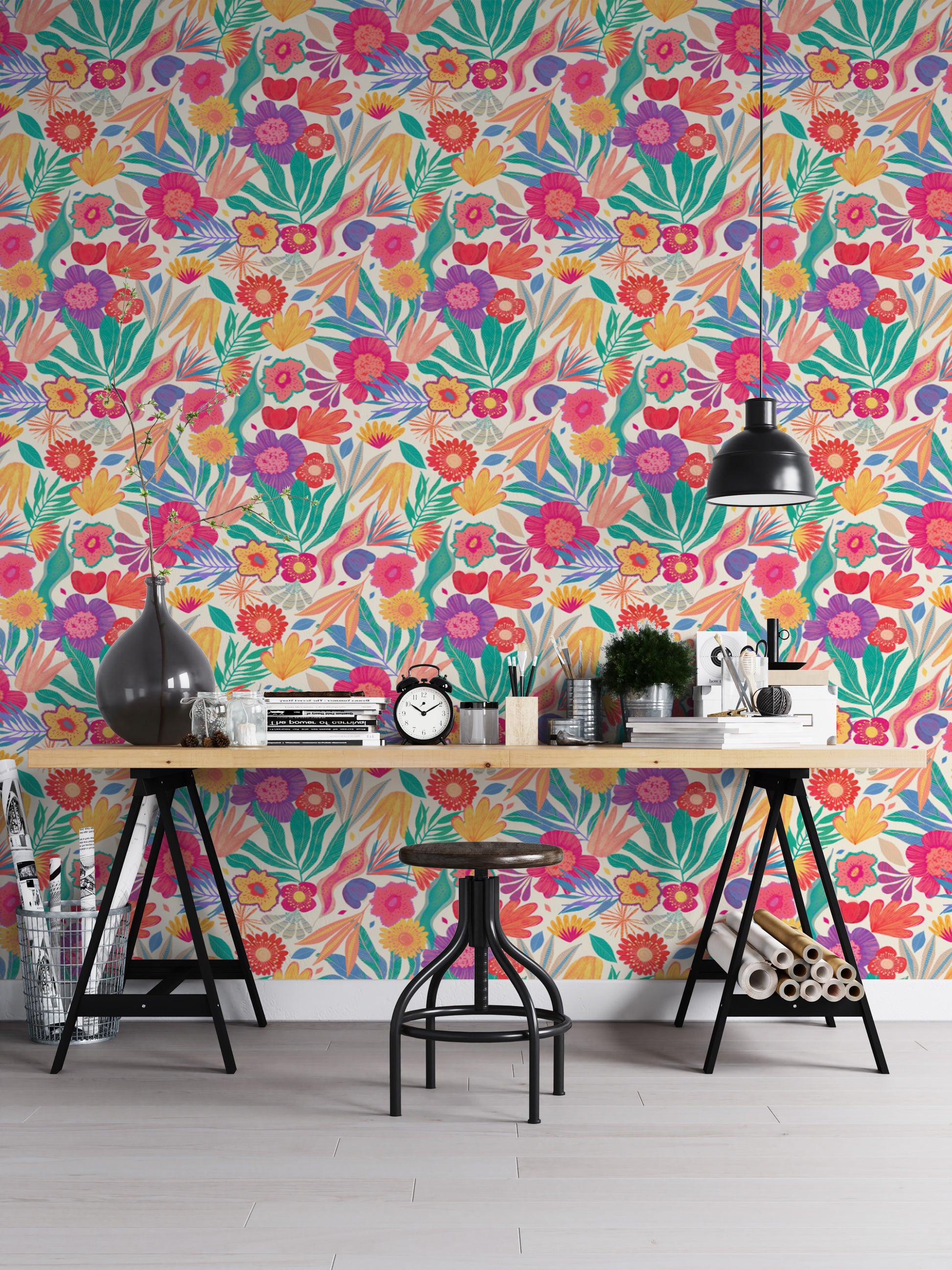 Dynamic wallpaper mural showcasing bright exotic blooms.
