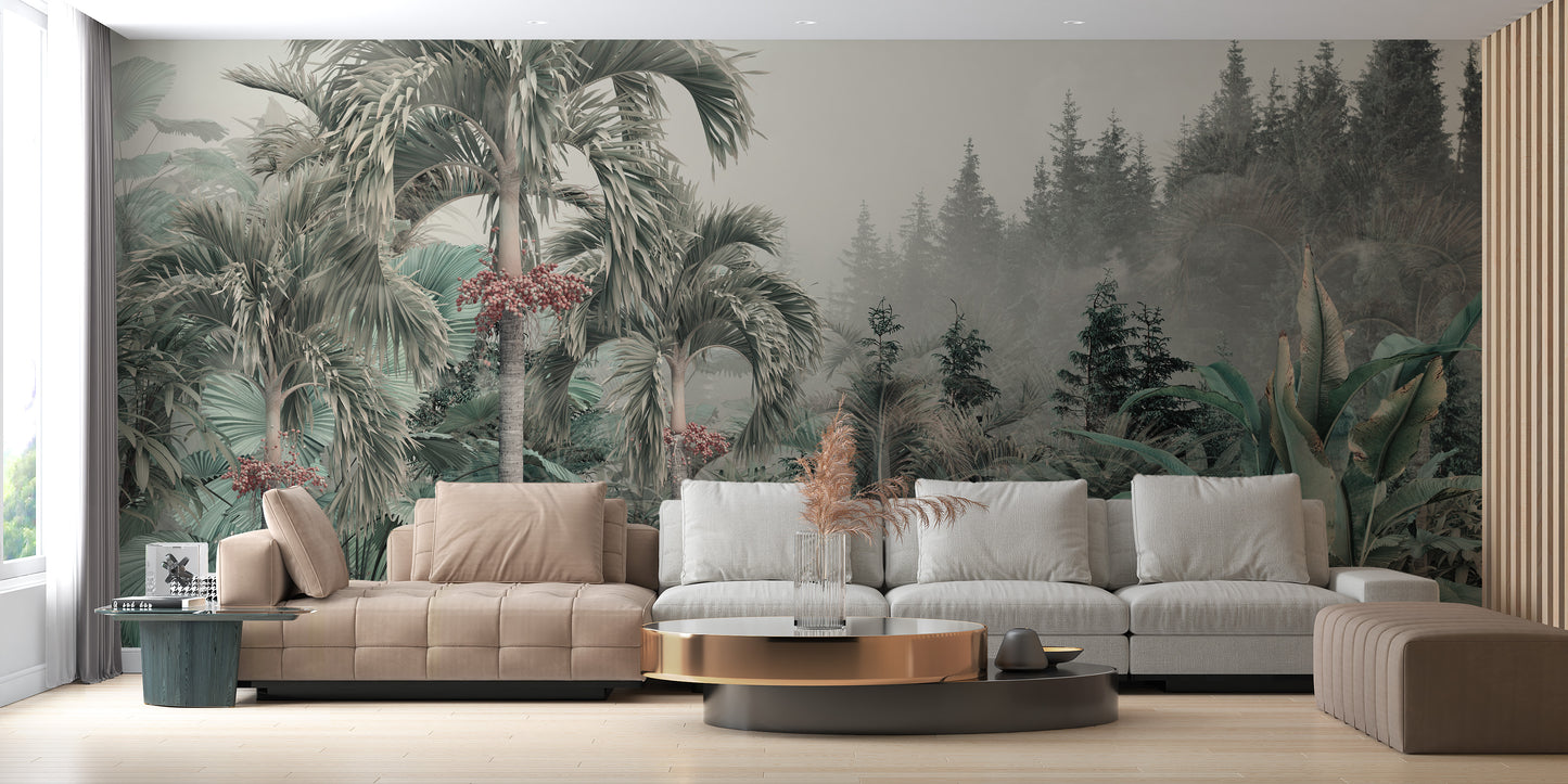 Jungle forest with lush trees mural tones
