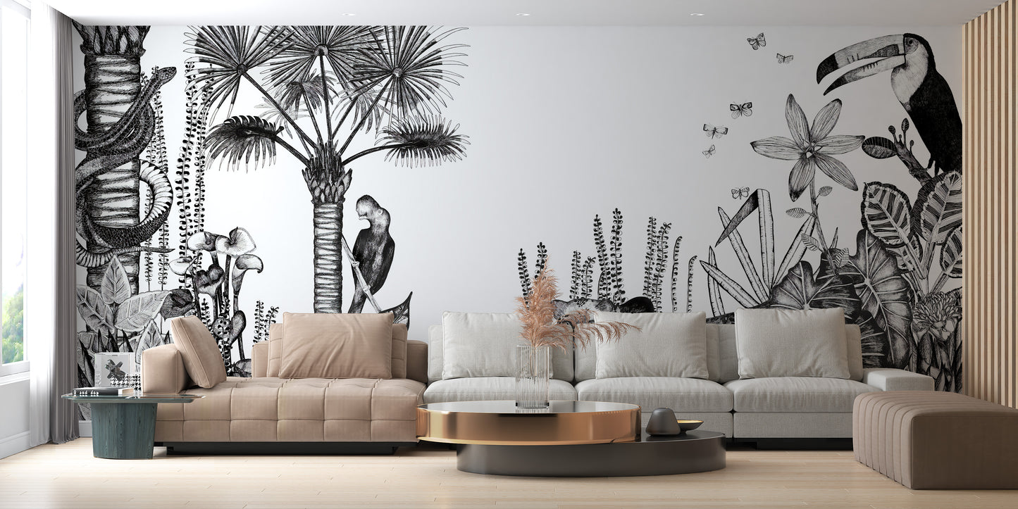 Elegant tropical pencil art wall mural design
