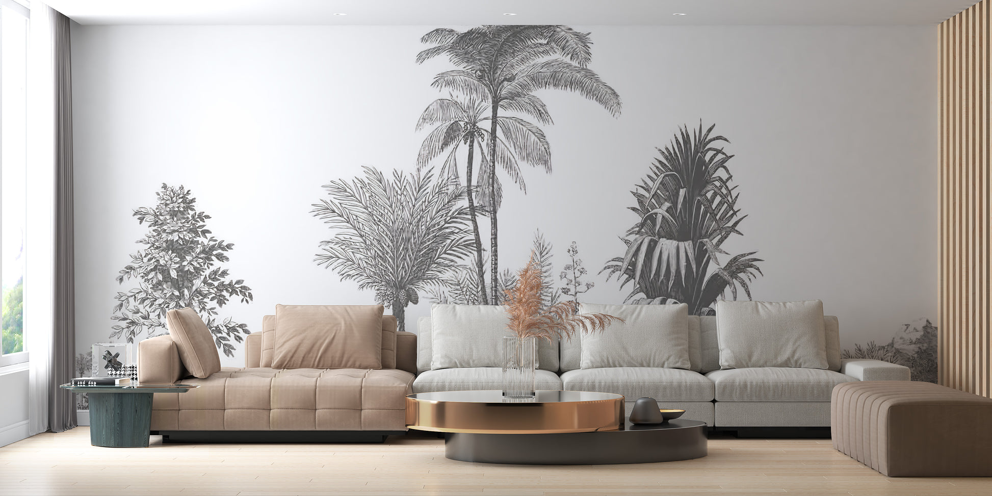 Subtle gray tropical wallpaper mural design
