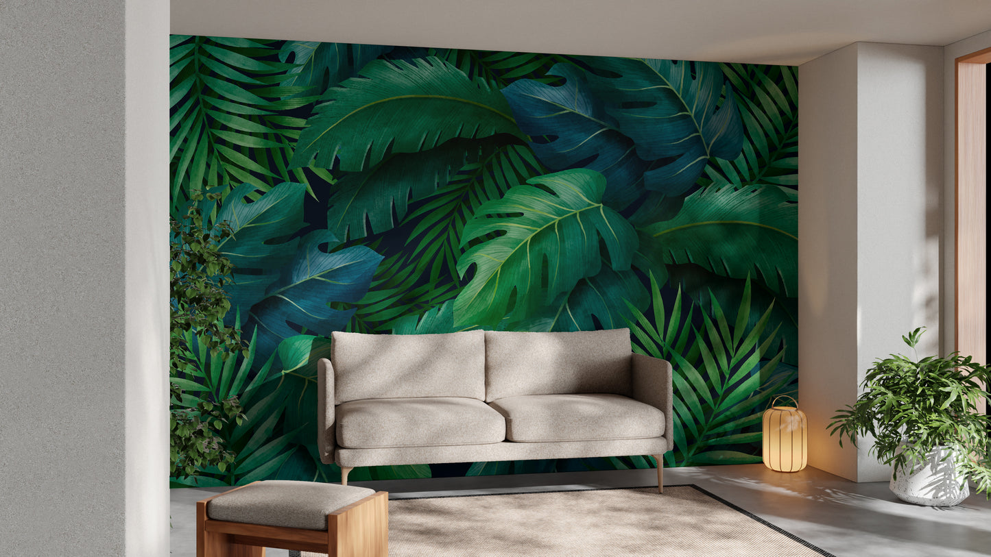 Tropical leaves wall mural adding lush greenery to interiors.
