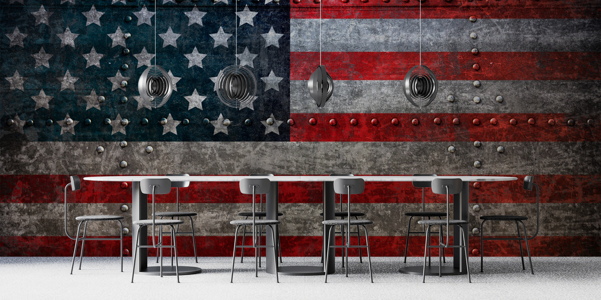 Bold steel American flag wallpaper restaurant décor
