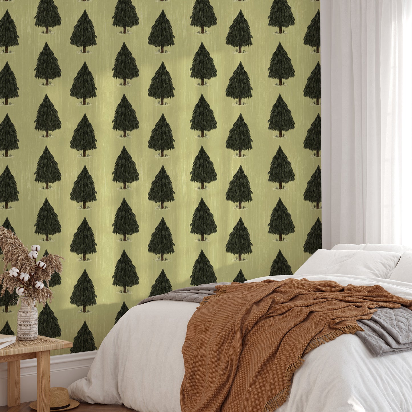 Elegant pine tree wallpaper in green for a tranquil, forest vibe.
