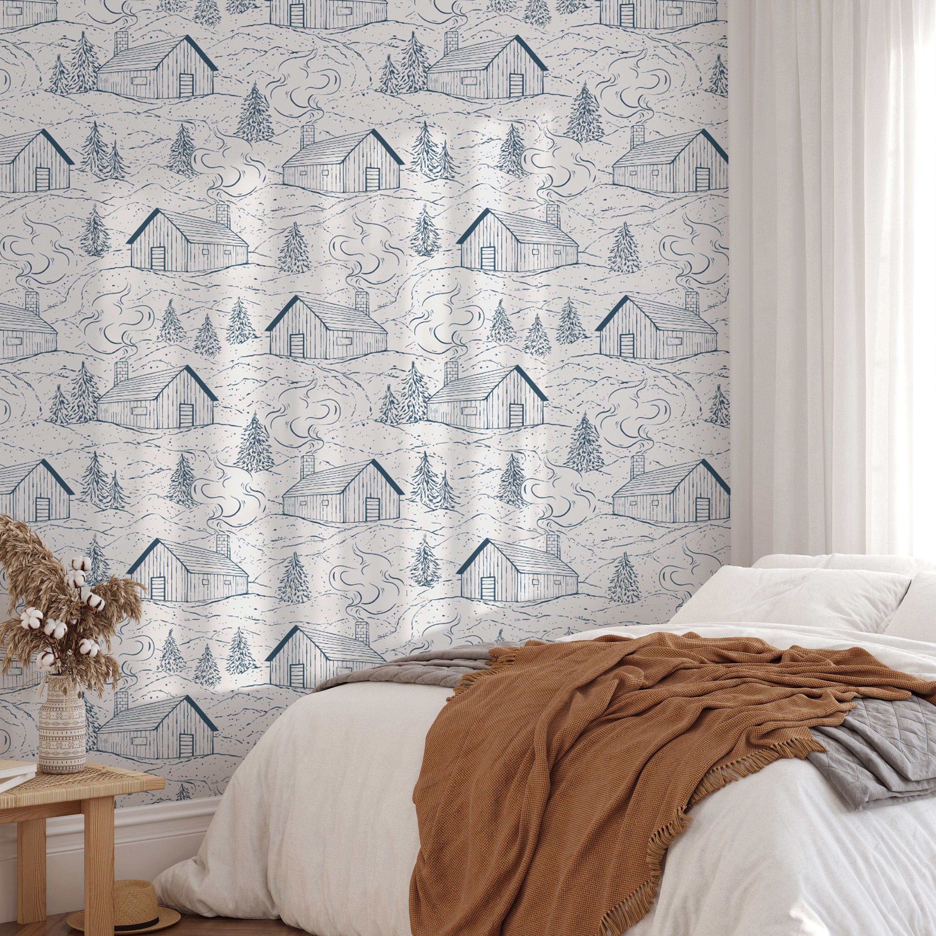 Sophisticated blue smokey cabins wallpaper for a cozy, modern vibe.
