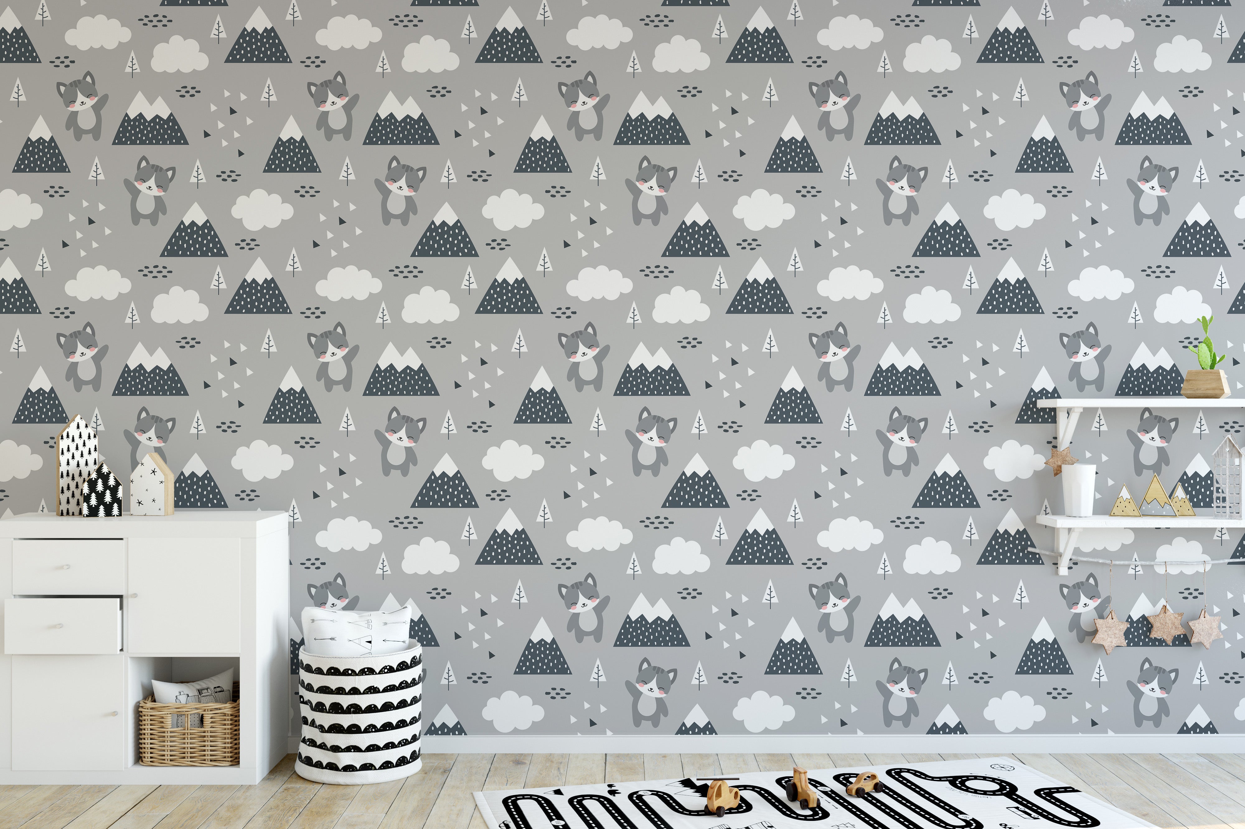 Scandinavian kitty and forest wallpaper art