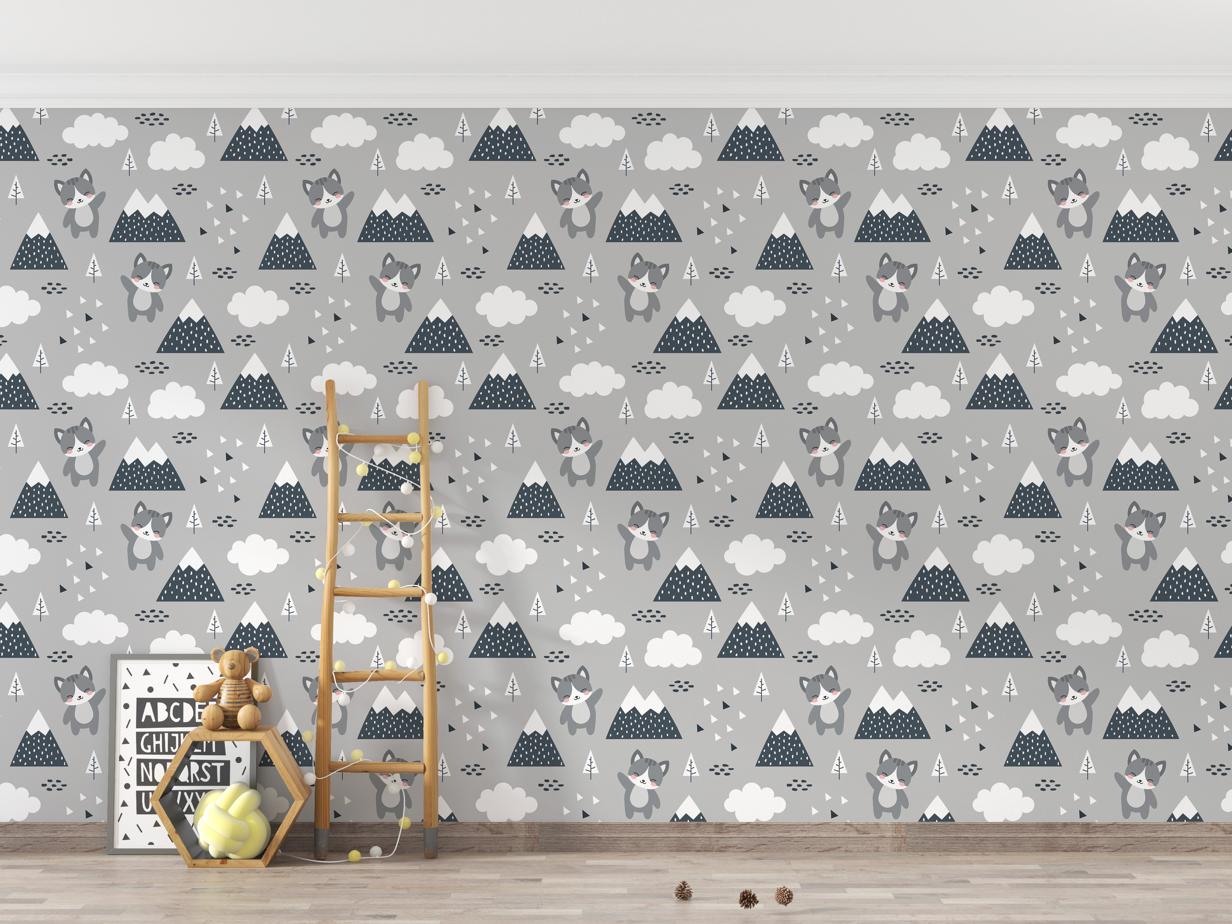 Playful kitty forest wallpaper mural design