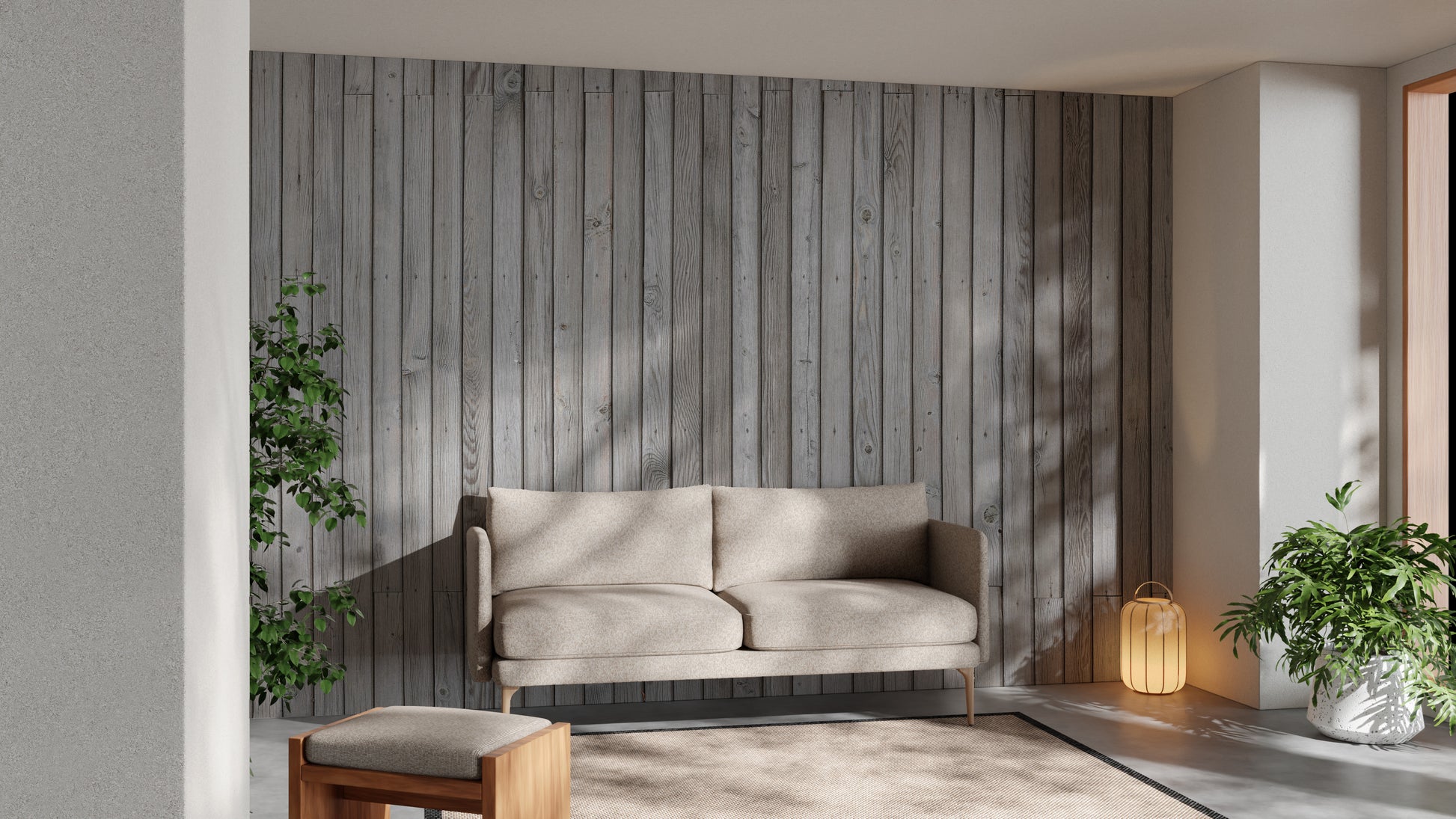 Industrial grey wood-lined wallpaper mural for modern decor.
