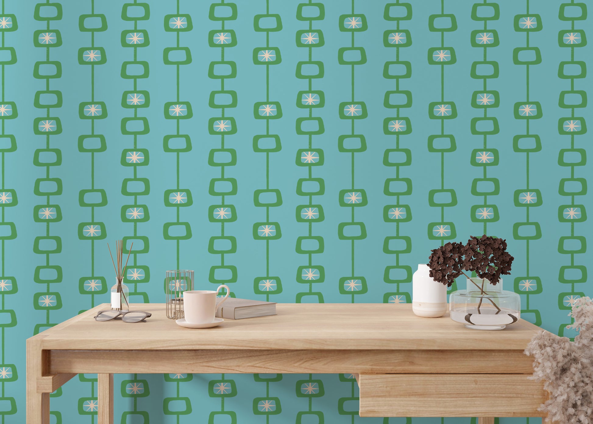 Mid Century Atomic Orbs Blue Green Wallpaper design
