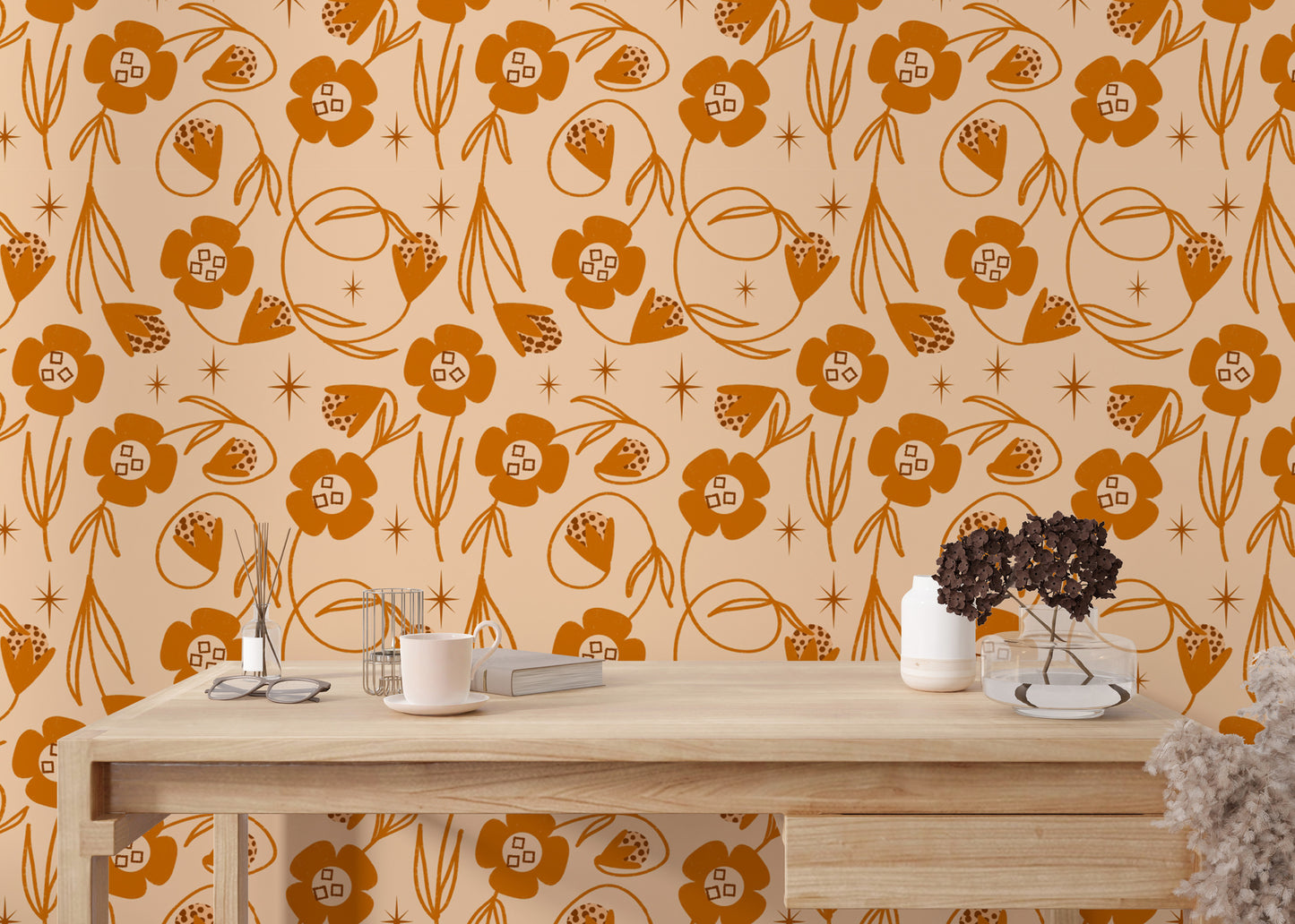 Trendy orange wallpaper with vine accents
