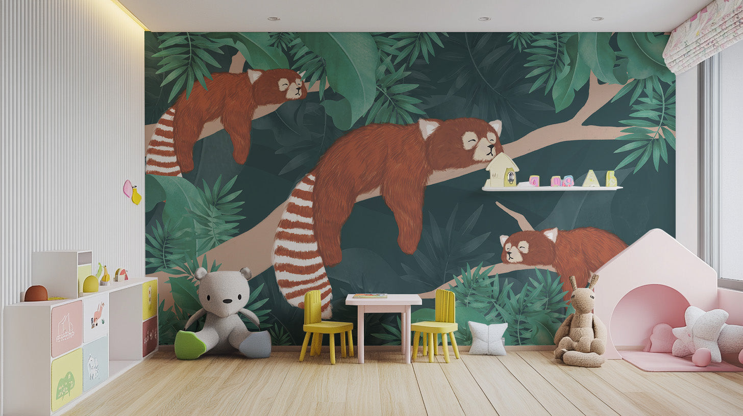 Jungle-themed red panda wallpaper decor
