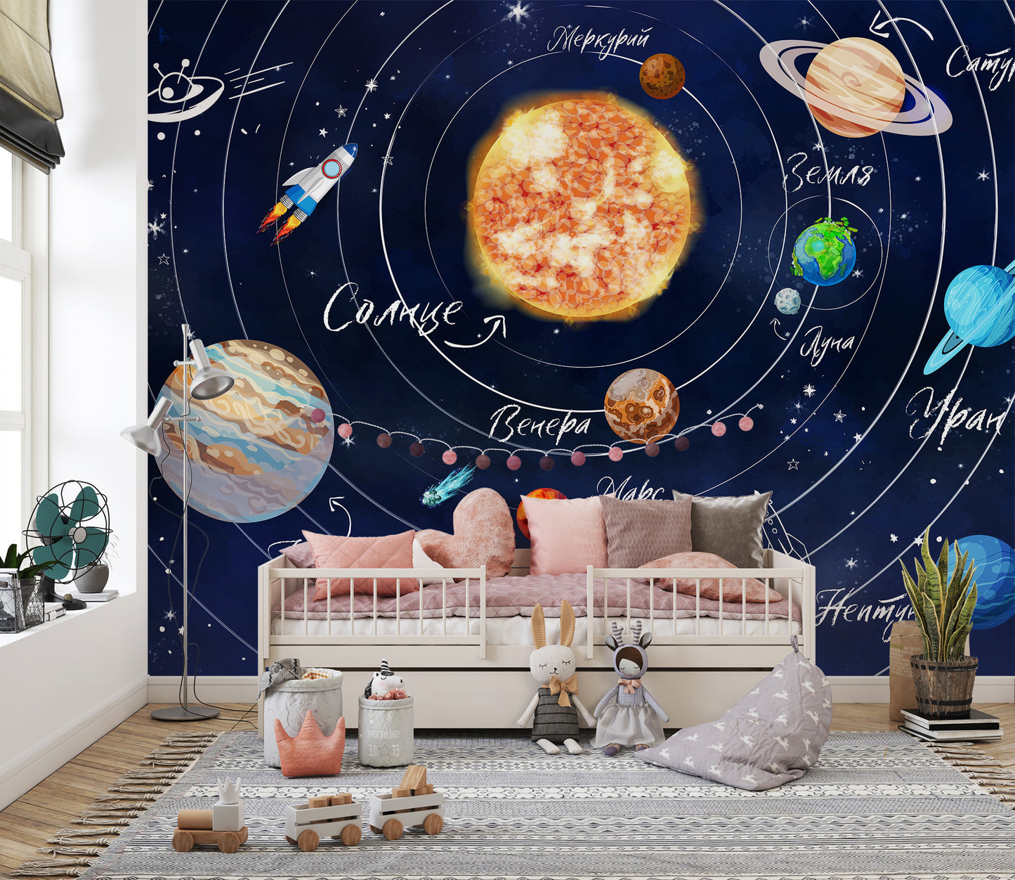 Space wallpaper for imaginative play areas